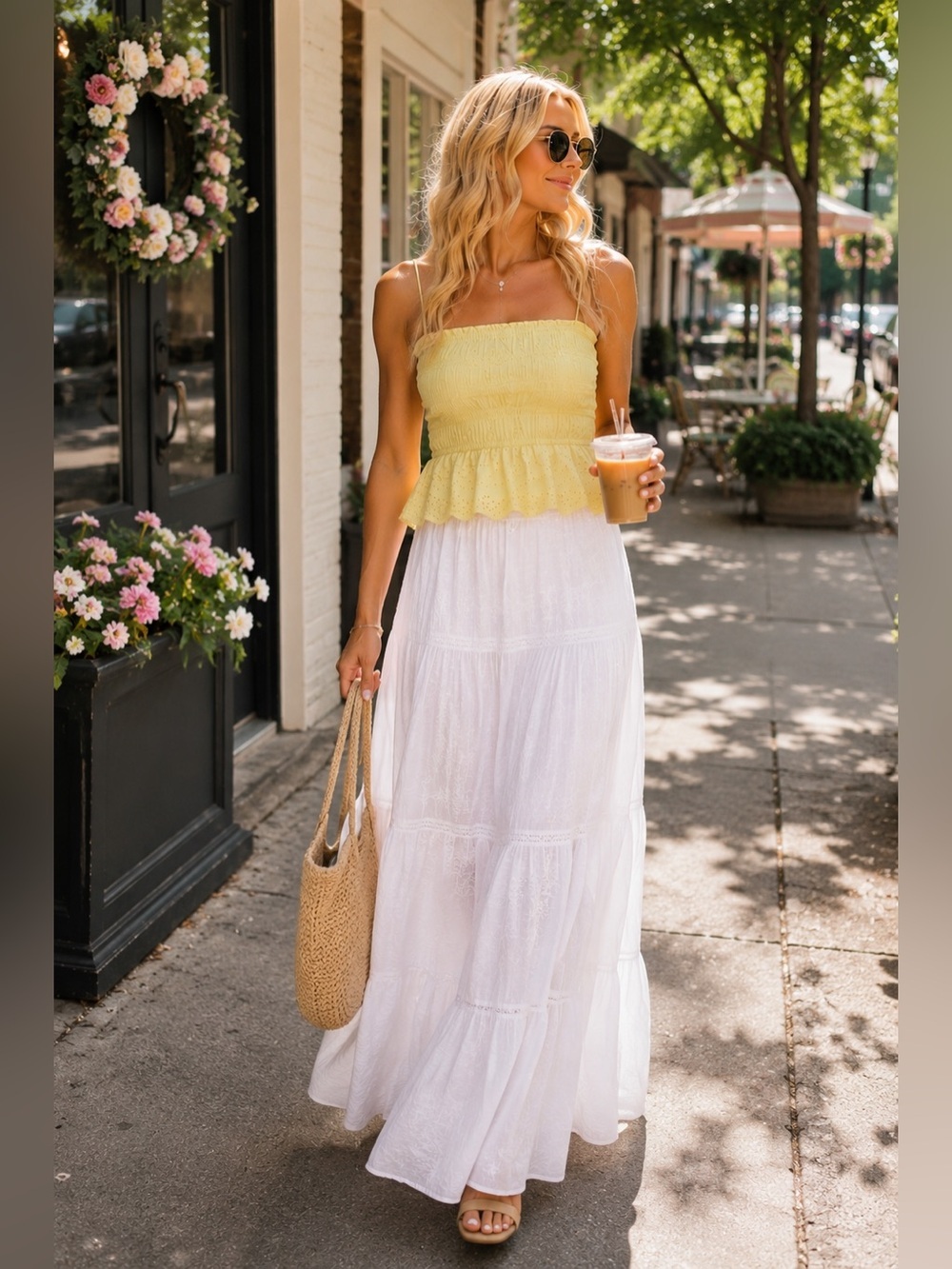 American Eagle Outfitters Yellow Smocked Crop Top with White Maxi Skirt